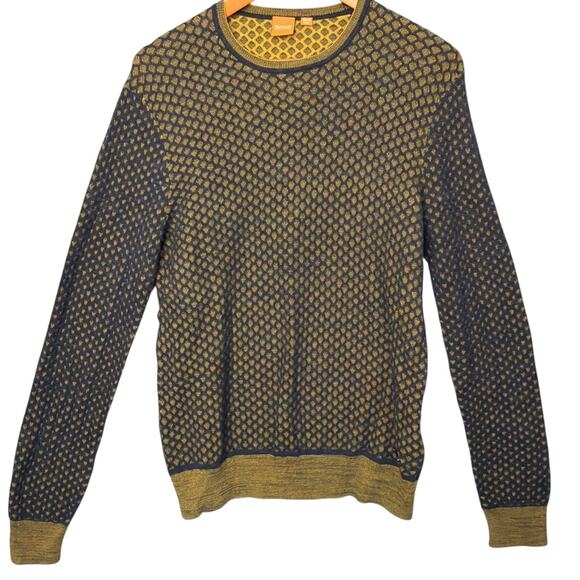 Hugo Boss Men's Sweater Bubble Knit Round Neck Navy/Mustard Size M Designer Fall - Picture 1 of 9